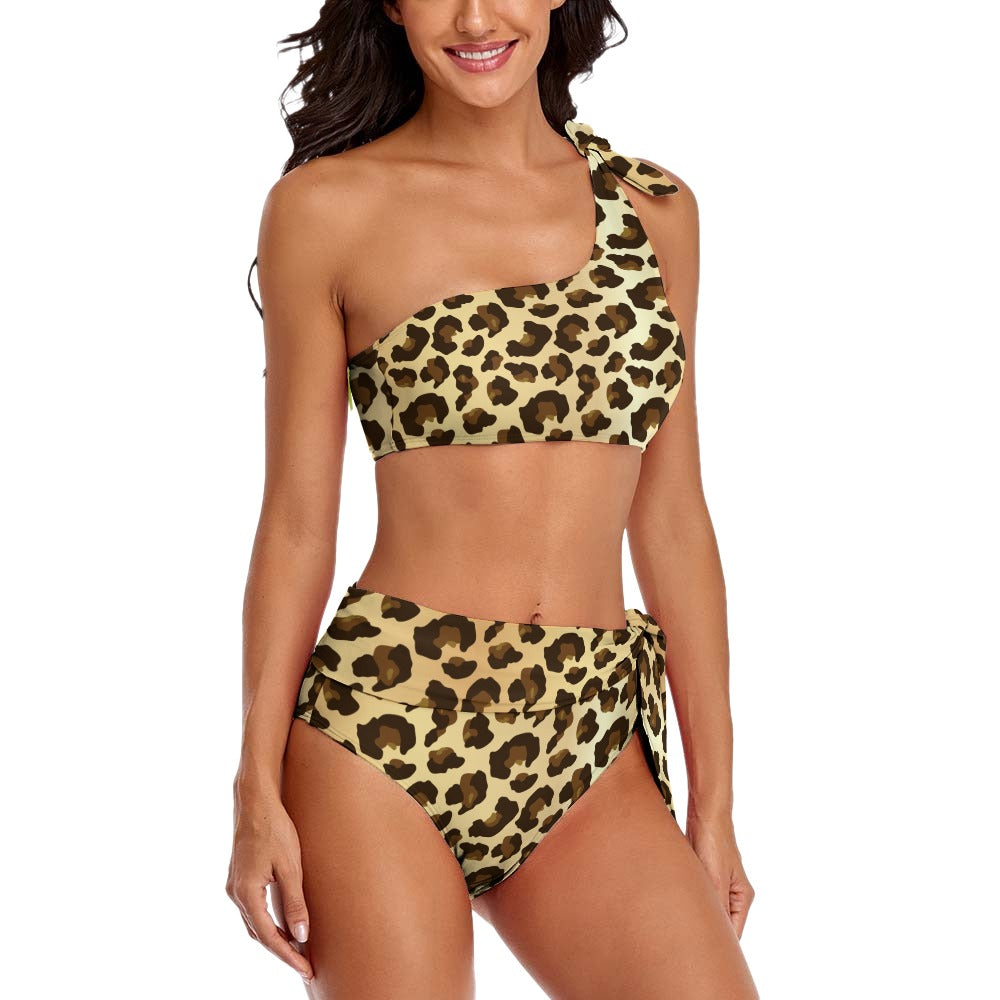 One-shoulder leopard print bikini set women swimwear