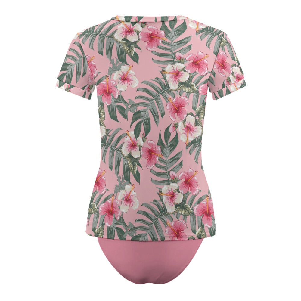 Tropical Floral Rash Guard Tankini Set – Short Sleeve Modest Swimwear