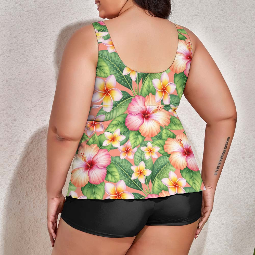Back view of plus size floral tankini top and high-waisted boyshort bottoms