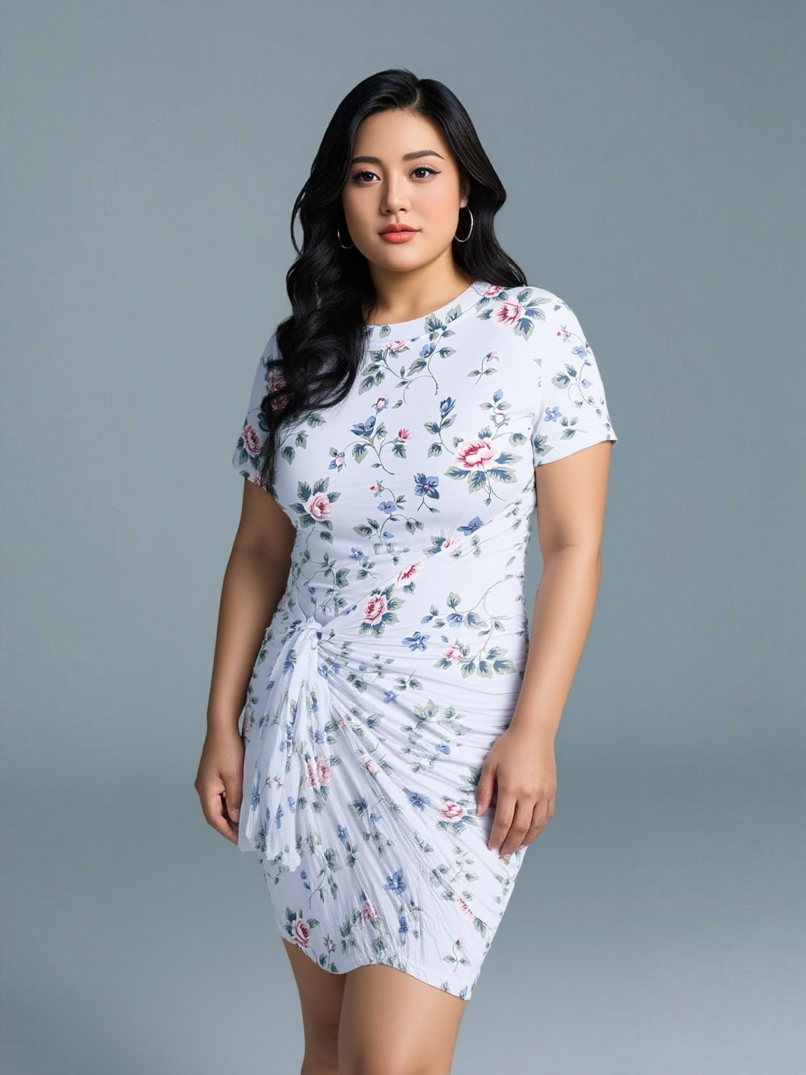 Extended size blue floral wrap bodycon dress on model