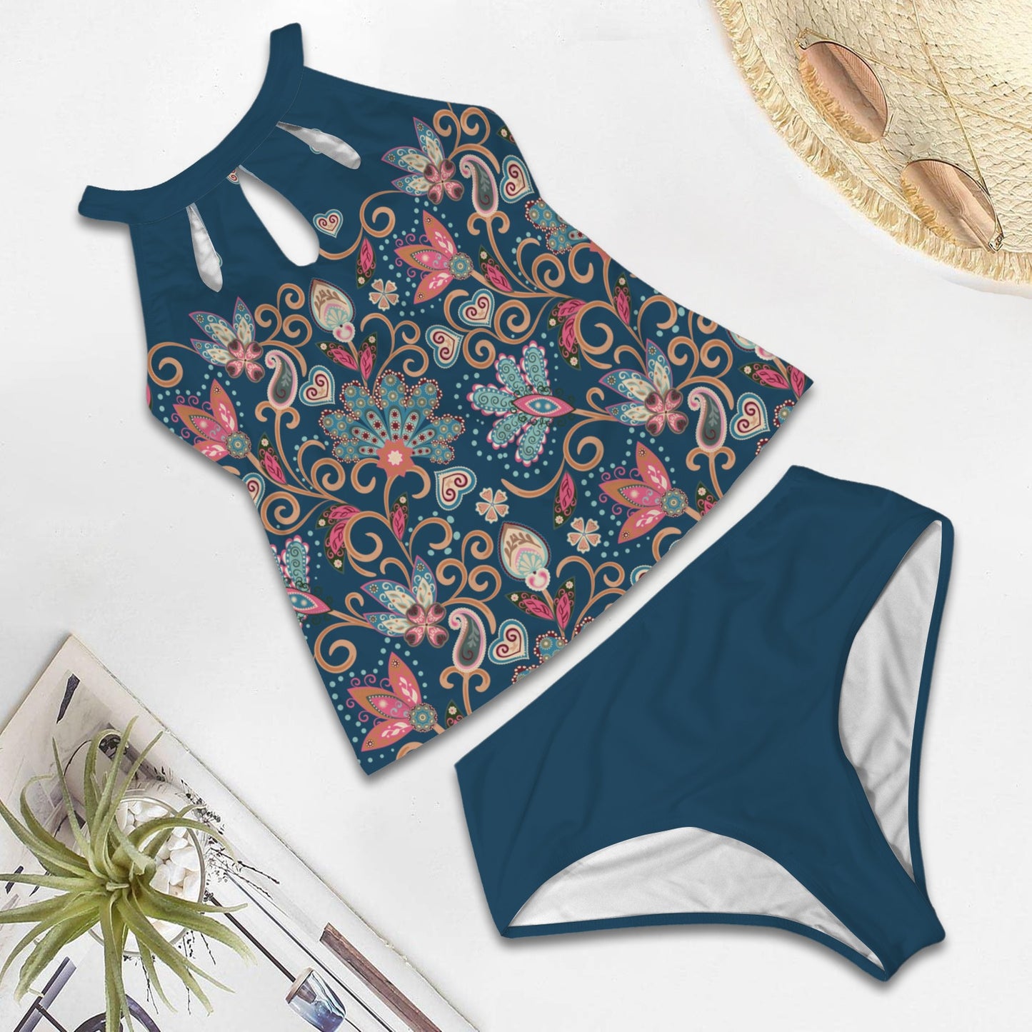Flat lay of floral tankini top and high-rise swim brief