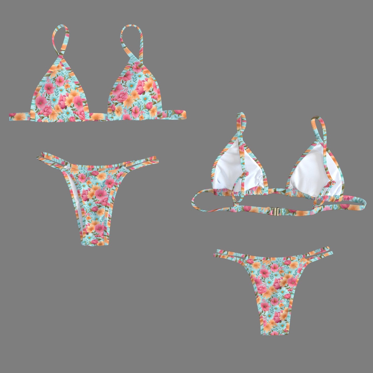 Floral strappy bikini set with triangle top and high cut thong bottoms, flat lay