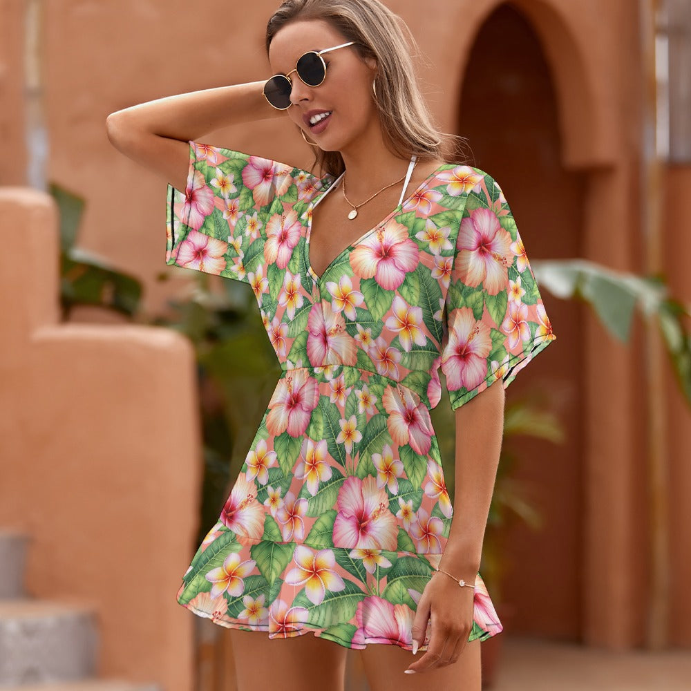 Flowy ruffle hem tropical cover up dress perfect for vacation and poolside styling