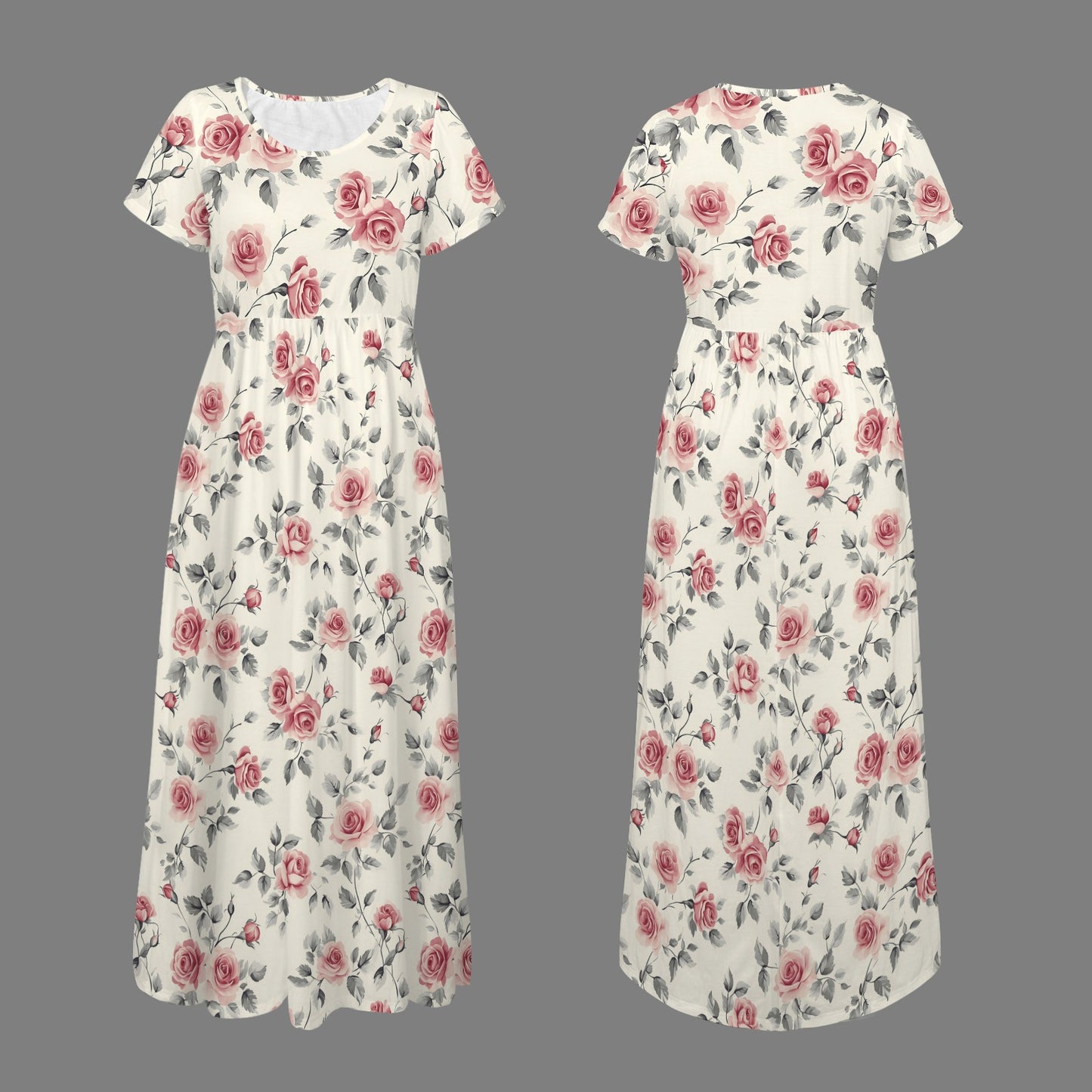 Front and back flat lay of rose print maxi dress with integrated side pockets and A-line structure