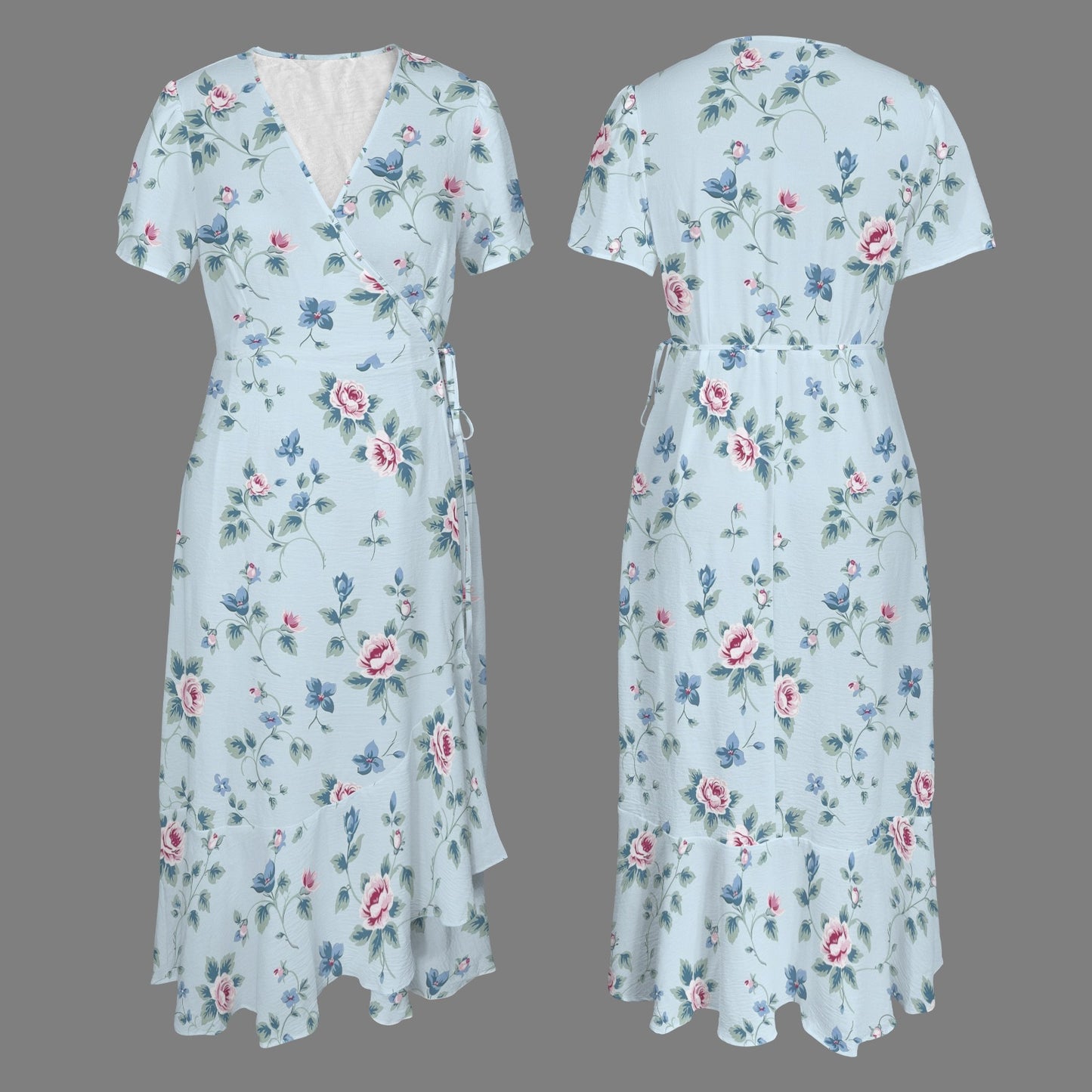 Front and back view of floral wrap maxi dress with tie waist