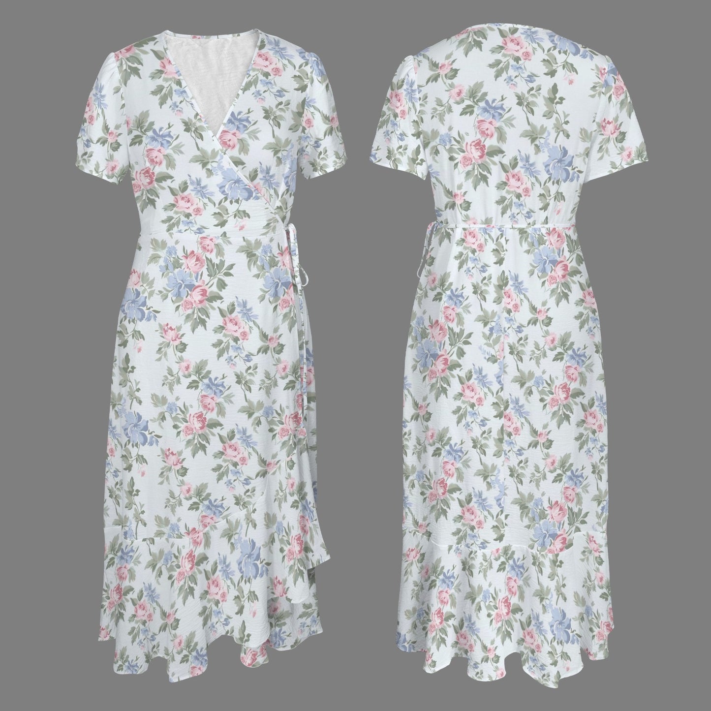 Front and back view of light blue floral wrap maxi dress with short sleeves and size-inclusive fit
