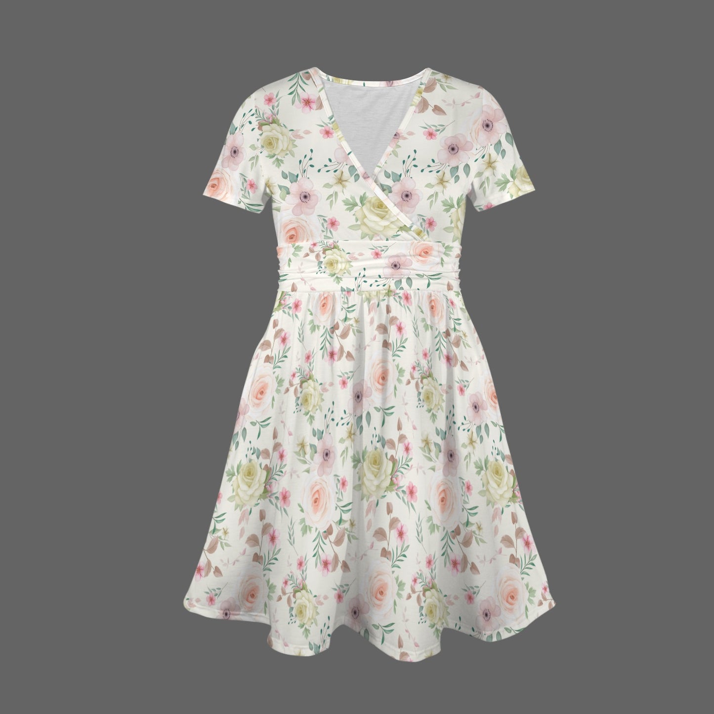 Front view of pastel garden midi dress with balanced silhouette