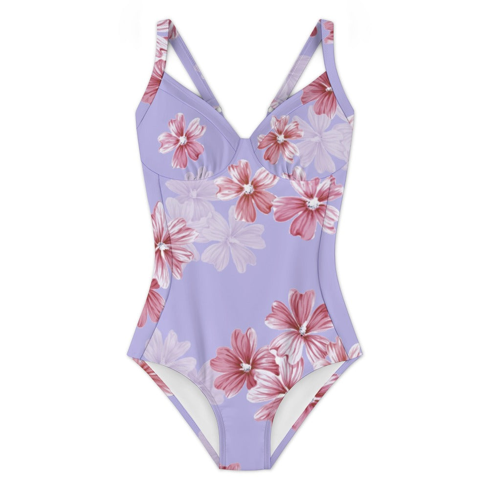 Lavender floral one-piece swimsuit side view highlighting curve-hugging fit and adjustable straps