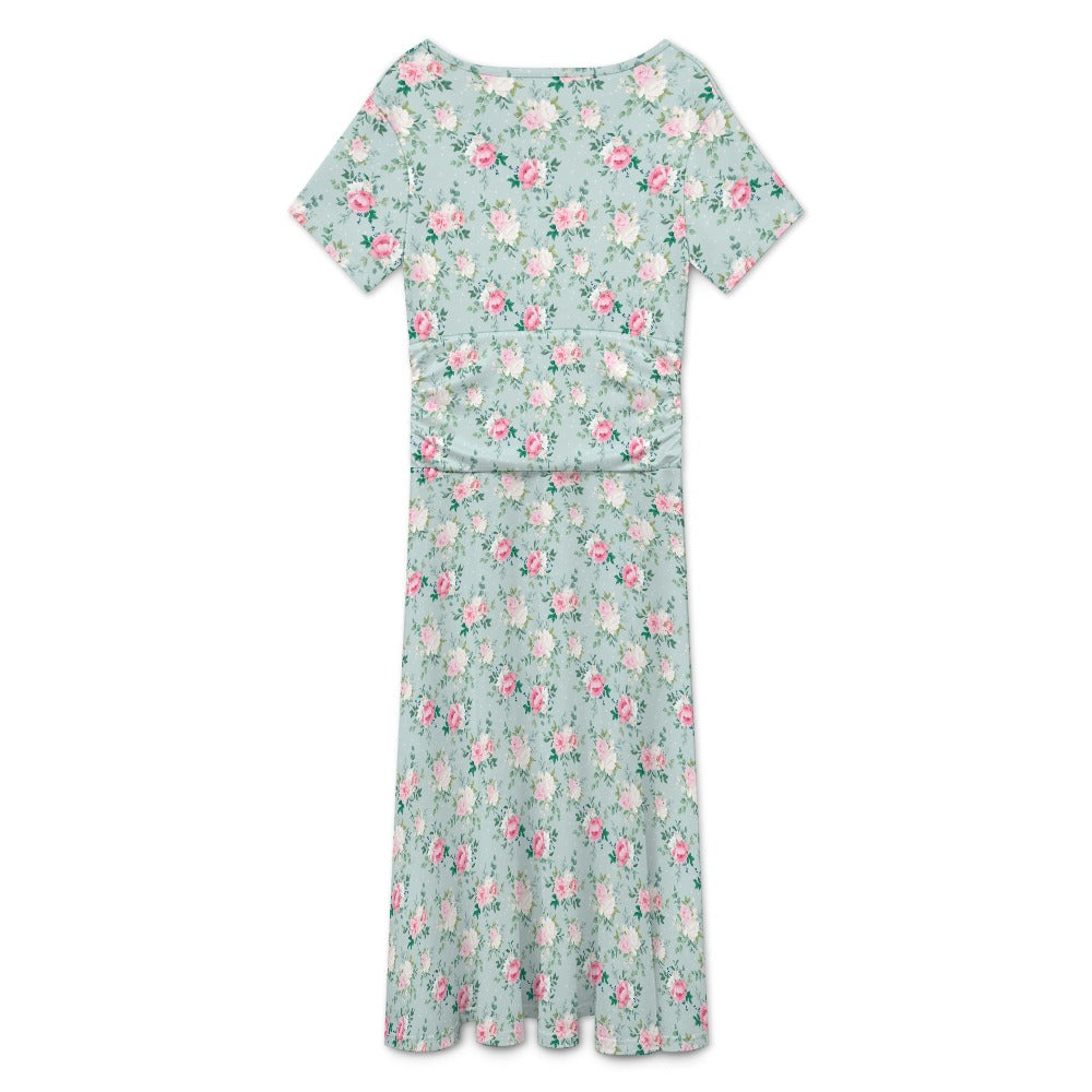 Mint green floral ruched V-neck midi dress displayed flat back view