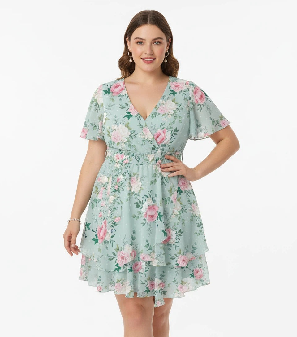 Mint green floral summer dress side view tiered skirt