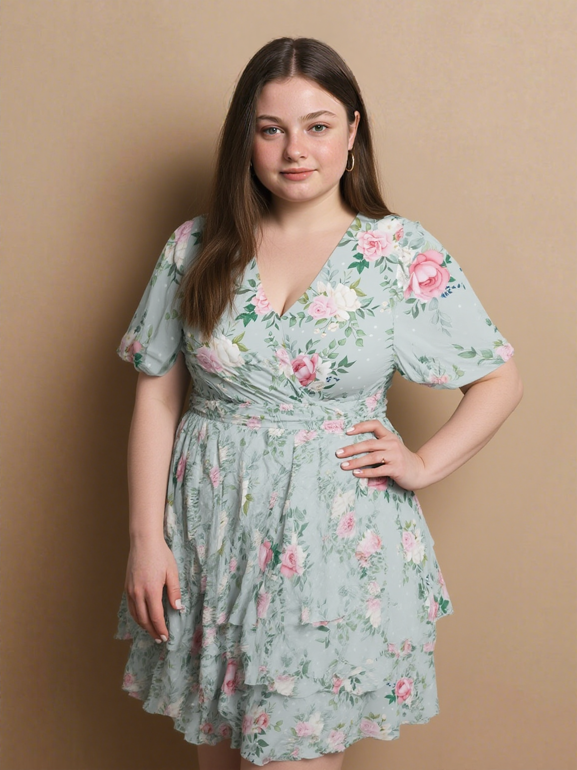 Plus size pastel floral tiered V-neck dress with flutter sleeves front view