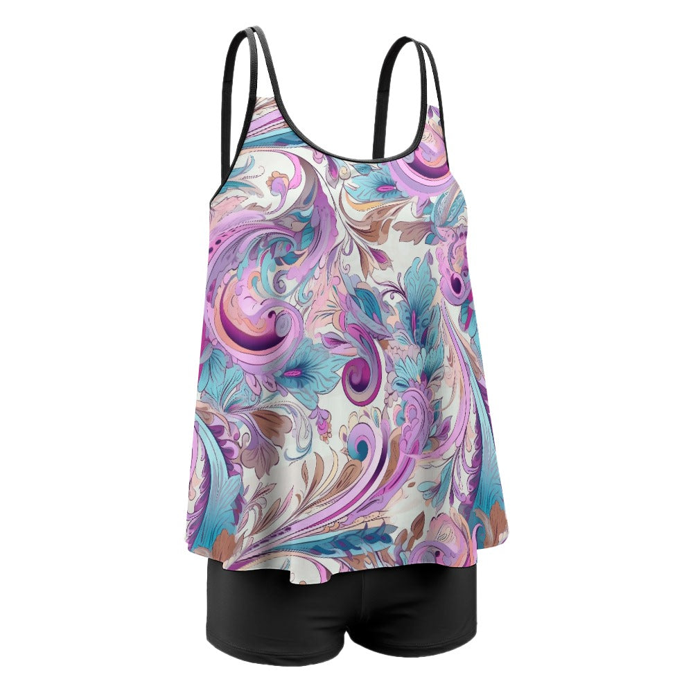 Side view of plus size floral tankini with swim shorts