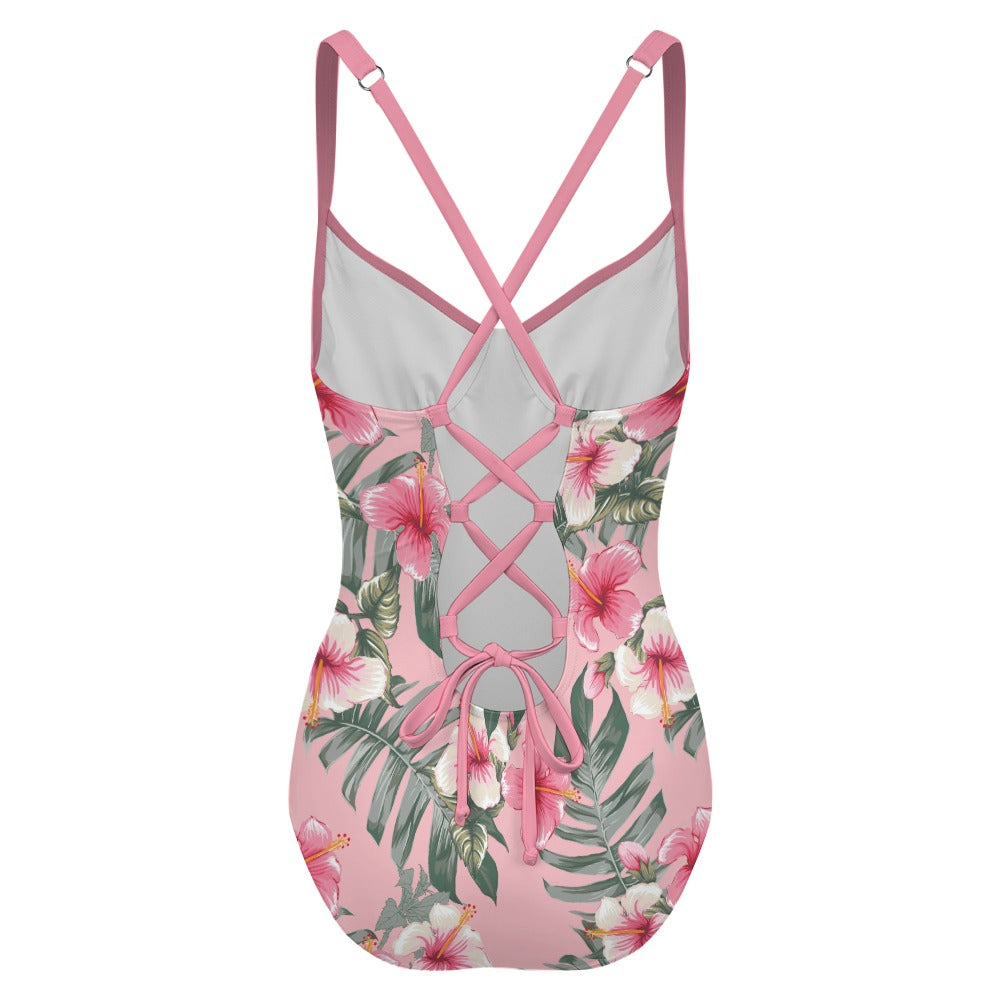 Tropical hibiscus one piece swimsuit back lace-up detail