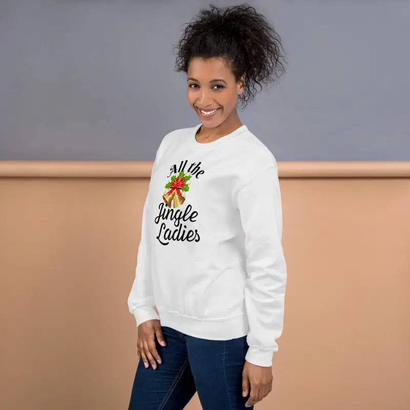 All the Jingle Ladies Bell Christmas Sweatshirt with reindeer graphic for festive fun