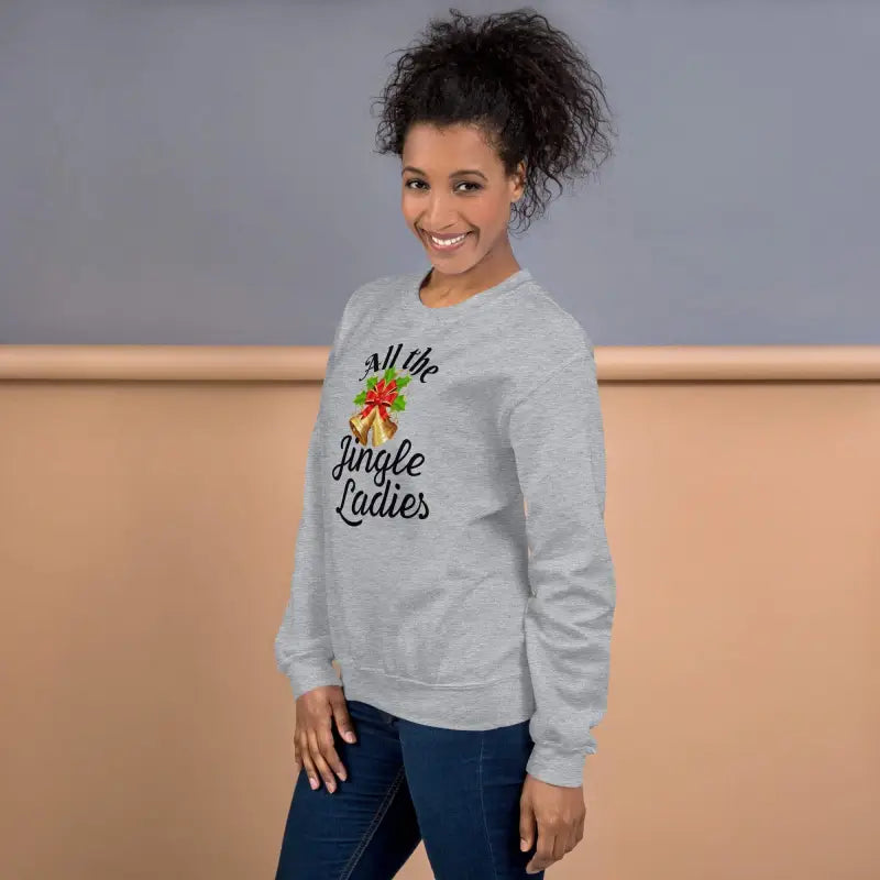 Gray All the Jingle Ladies Bell Christmas Sweatshirt with reindeer graphic for holiday vibes
