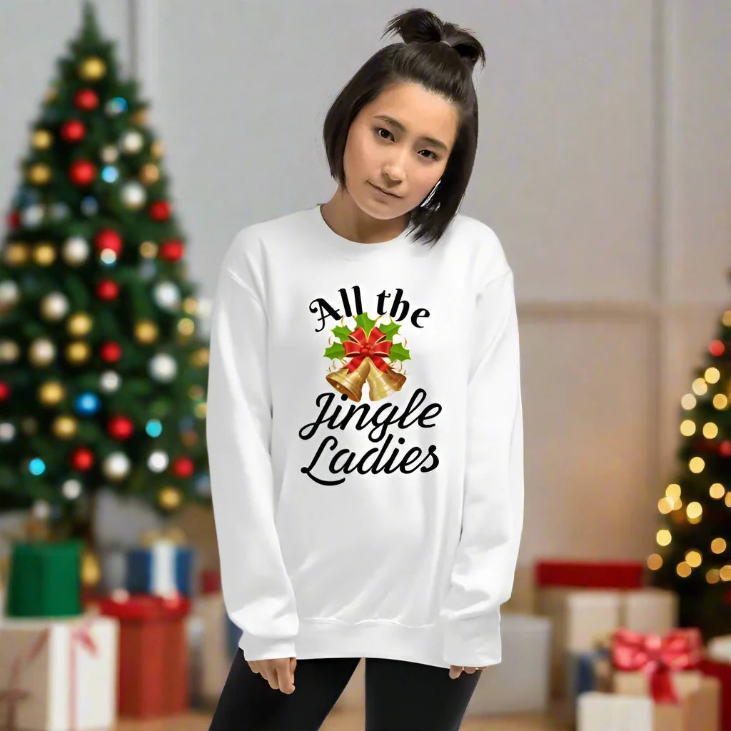 White Christmas sweatshirt with All the Jingle Ladies text and festive bell design