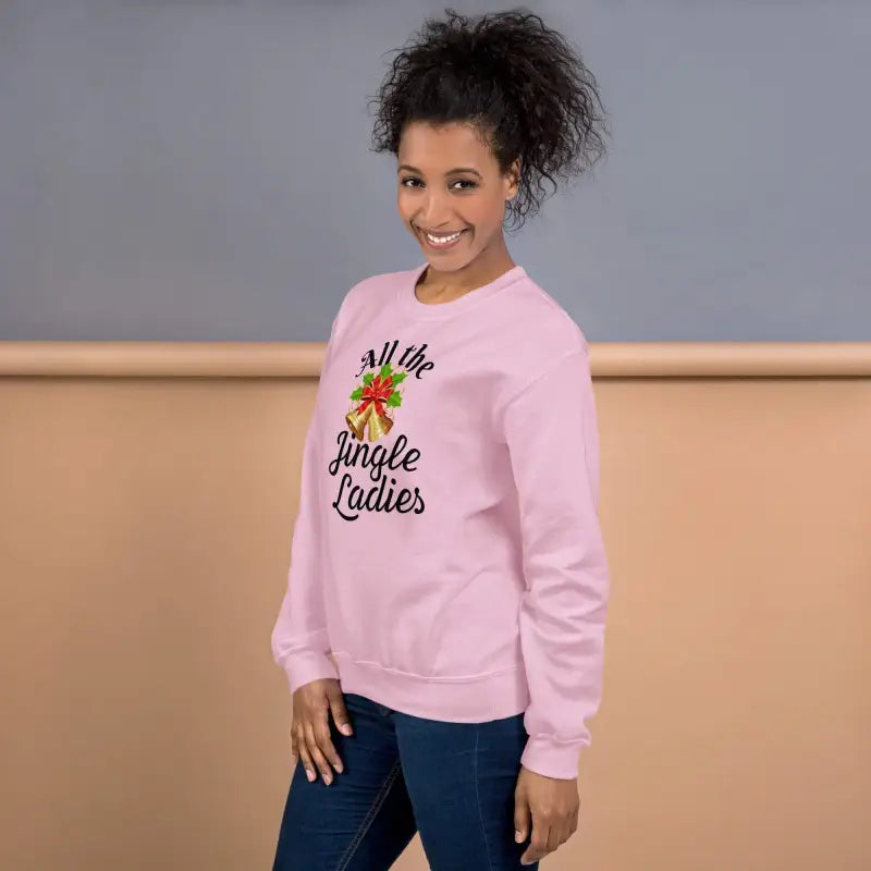 Pink Christmas sweatshirt with All the Jingle Ladies text and reindeer graphic