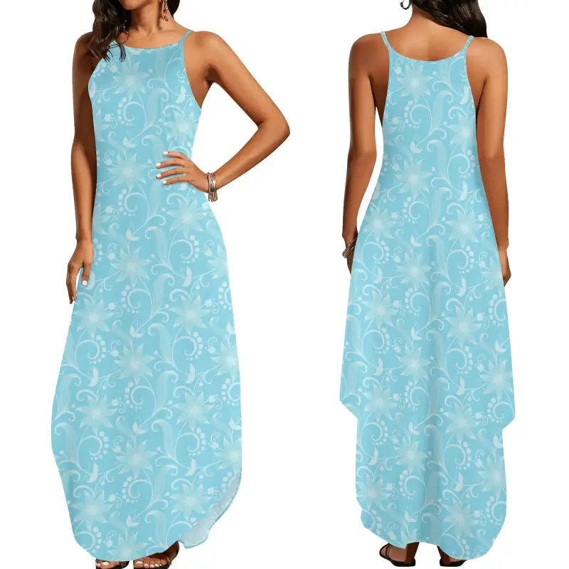 Light blue sleeveless floral maxi dress perfect for showing off that aqua blue floral vibe