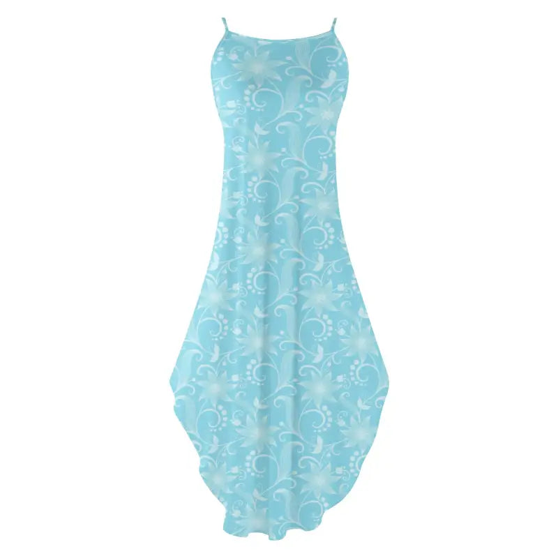 Light blue sleeveless Aqua Blue Floral Maxi Dress with a cute swirling pattern