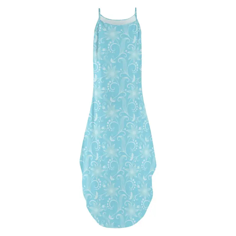 Light blue sleeveless floral maxi dress with a swirl pattern for a fun floral vibe