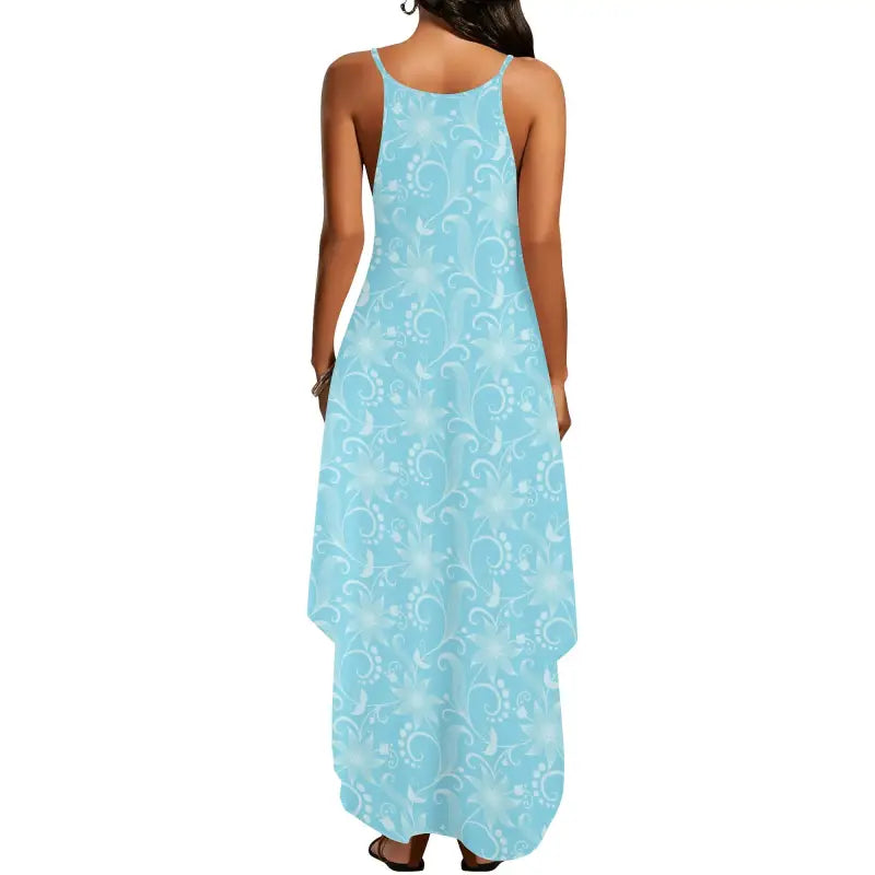 Light blue sleeveless floral maxi dress with high-low hemline for a fresh look