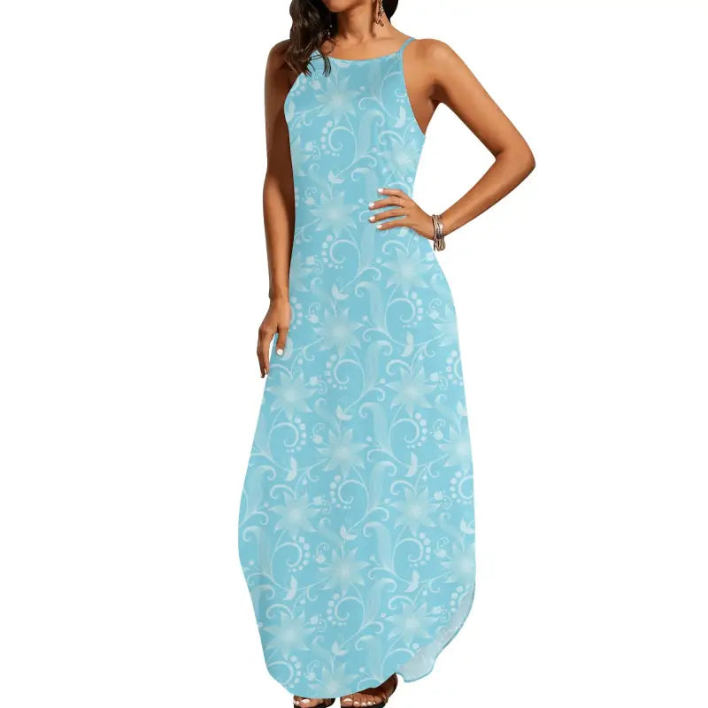 Light blue sleeveless floral maxi dress perfect for a fresh summer look