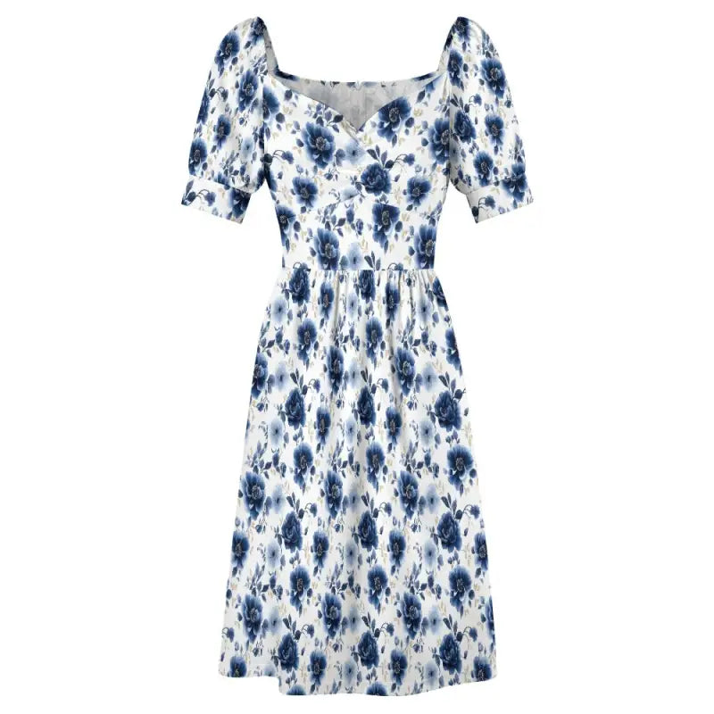 White floral sweetheart dress with puff sleeves and blue print, perfect for cottagecore vibes