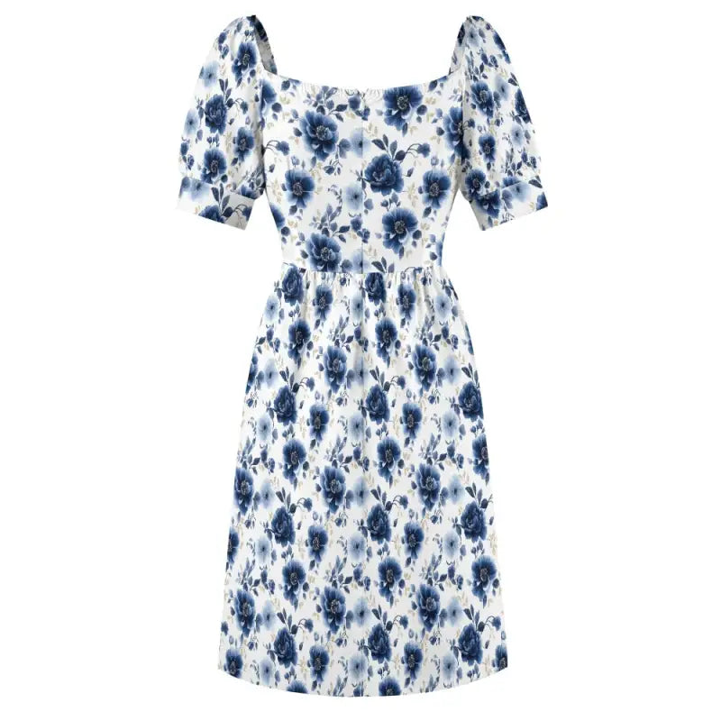 White and blue floral sweetheart dress with puff sleeves for a cute cottagecore vibe