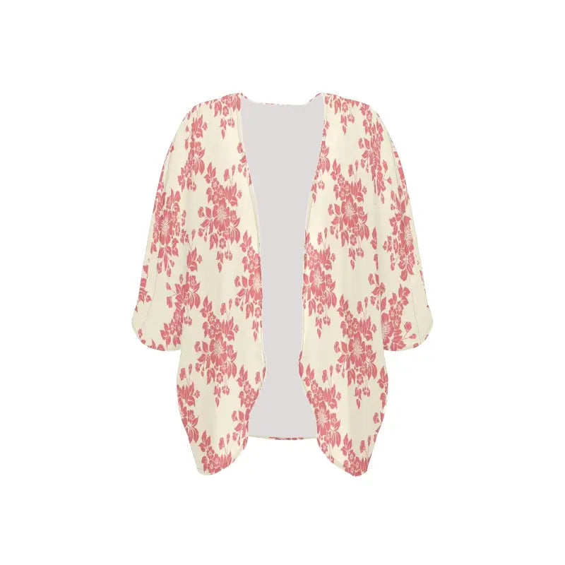Floral kimono chiffon cover featuring an ivory floral pattern and three-quarter sleeves