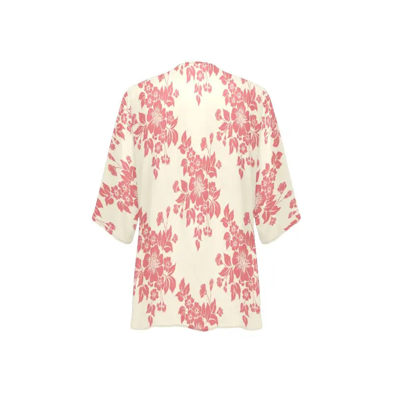 Ivory floral kimono with pink blossoms in a chic chiffon cover for easy styling
