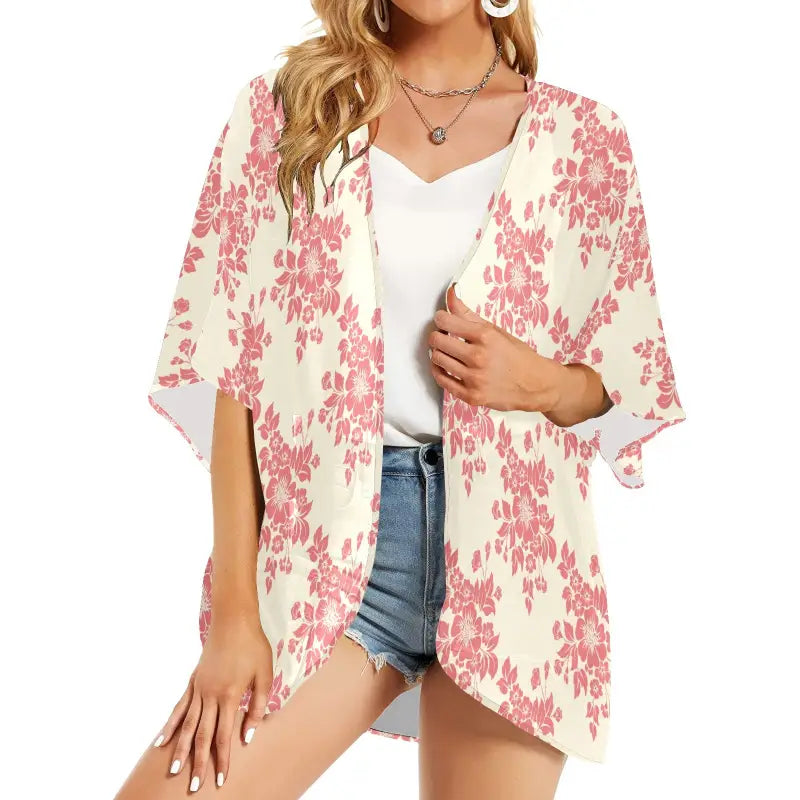 Floral kimono chiffon cover featuring pink flowers on an ivory background