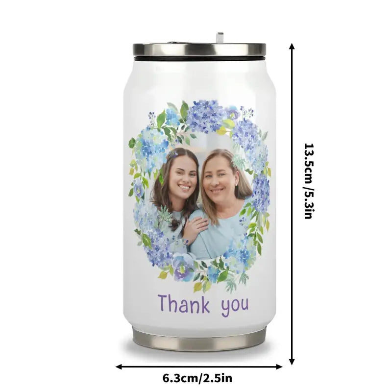 Personalized stainless steel cola travel mug with floral wreath and Thank You message
