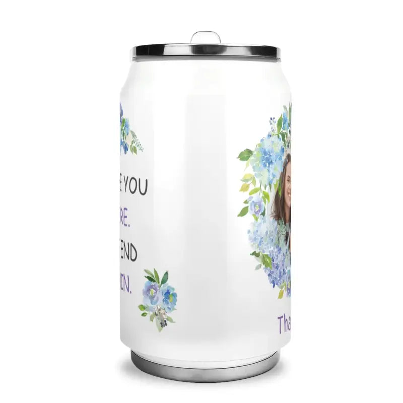 Personalized floral stainless steel cola travel mug with a custom photo design