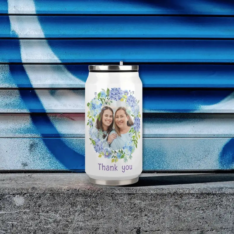Personalized stainless steel coke cups with floral design and thank you message