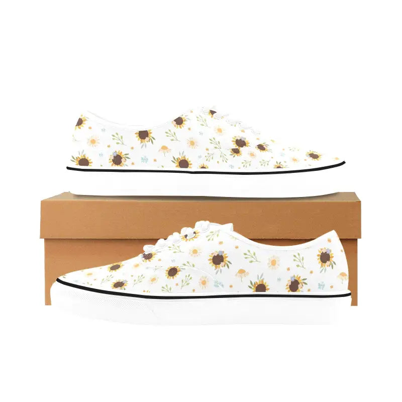 White sneakers with a sunflower print canvas for stylish women on the go