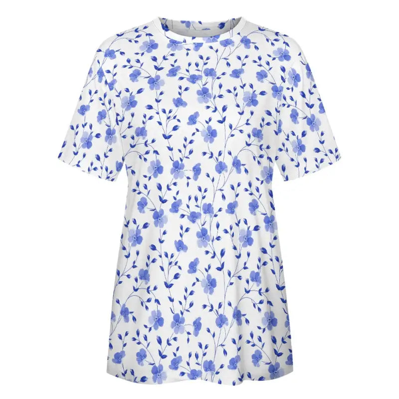 White t-shirt with blue floral print in Blooming Gorgeous women’s blue floral tee