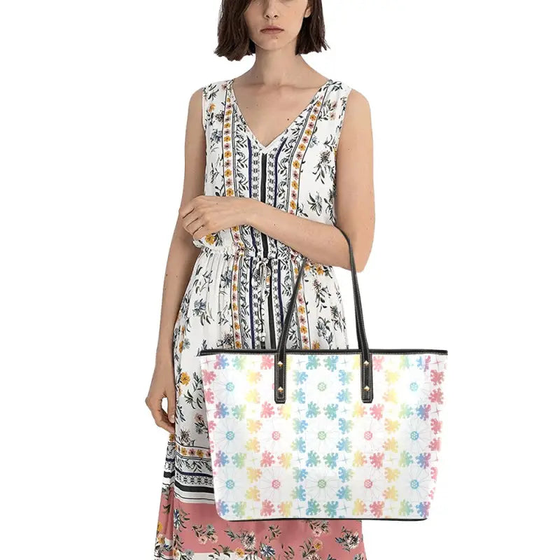 Colorful floral shoulder tote bag with leather handles and zipper pocket for style