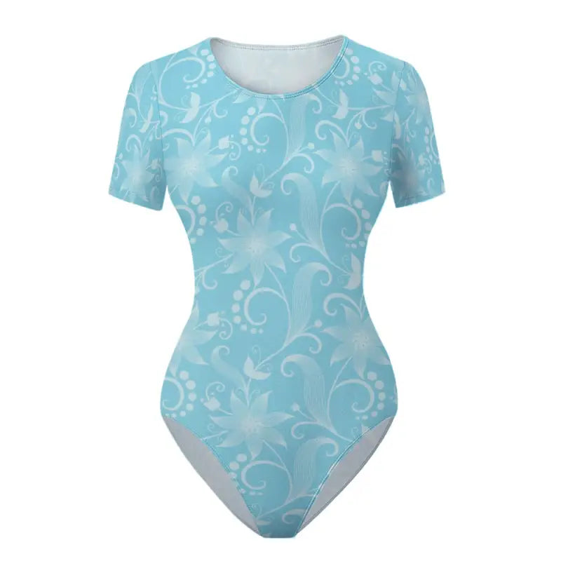Light blue floral bodysuit with short sleeves perfect for brunch styling