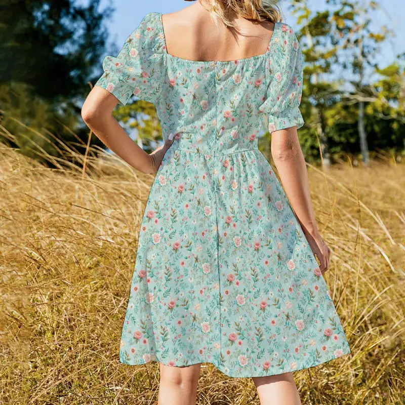 Mint green floral print dress with puff sleeves, perfect for a boho basic style look