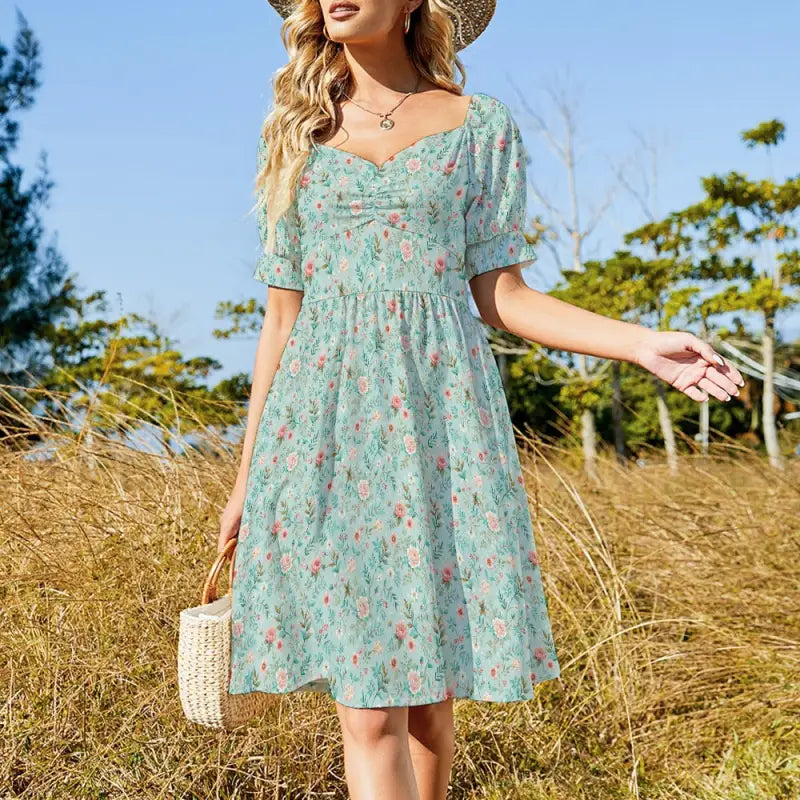 Mint green floral print Boho dress with puff sleeves and comfy empire waist