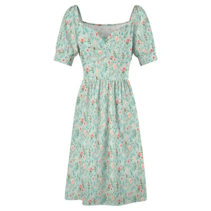 Mint green floral print dress with puff sleeves in basic style for boho lovers