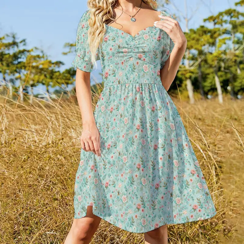 Mint green boho floral dress with short sleeves and gathered waist for basic style lovers