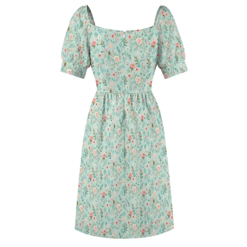 Mint green floral print dress with puff sleeves for a comfy boho basic style