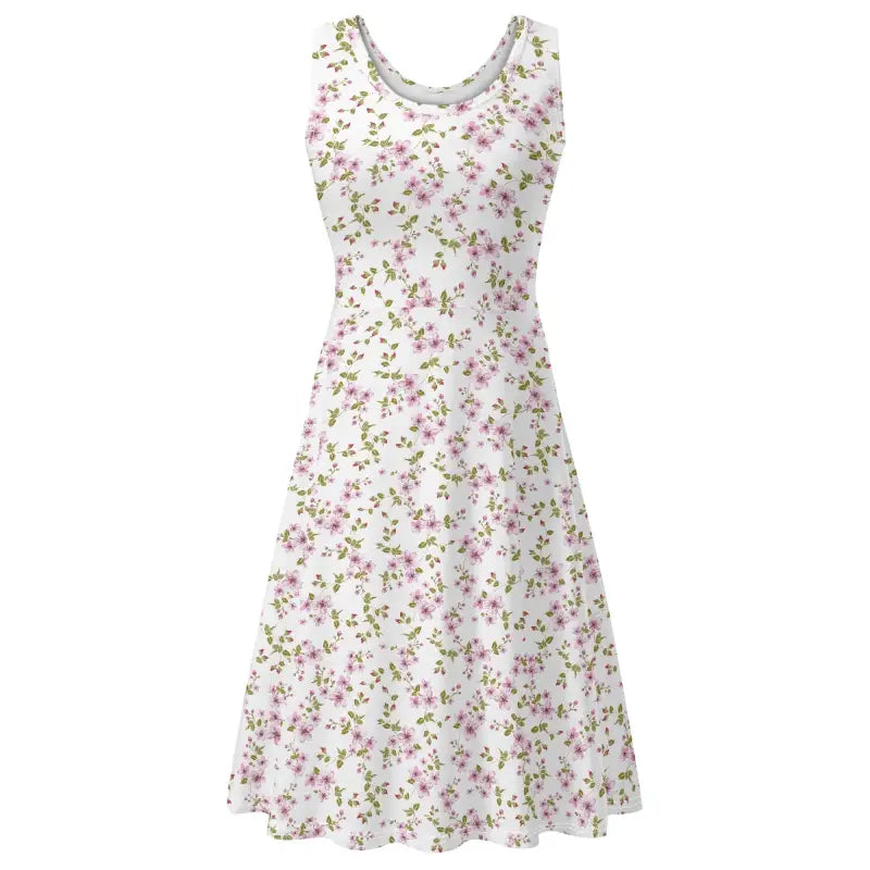 White floral sleeveless Boho dress perfect for beach outings and summer fun