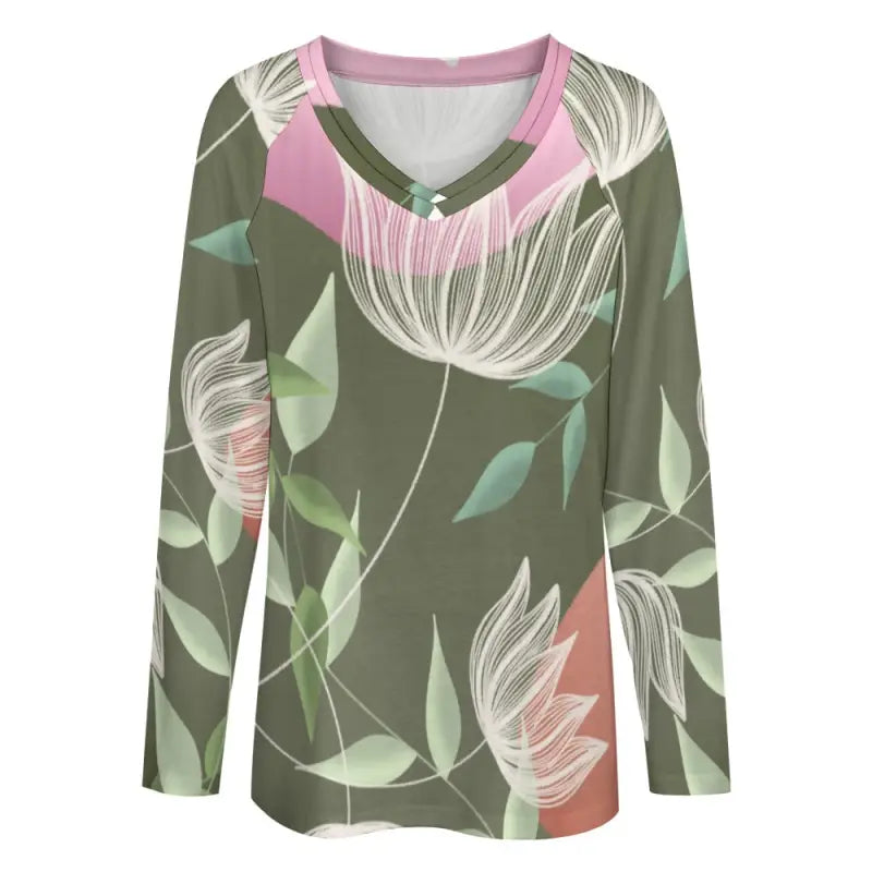 Boho Floral Long Sleeve Tee with green background and pink accents for plant-based parties