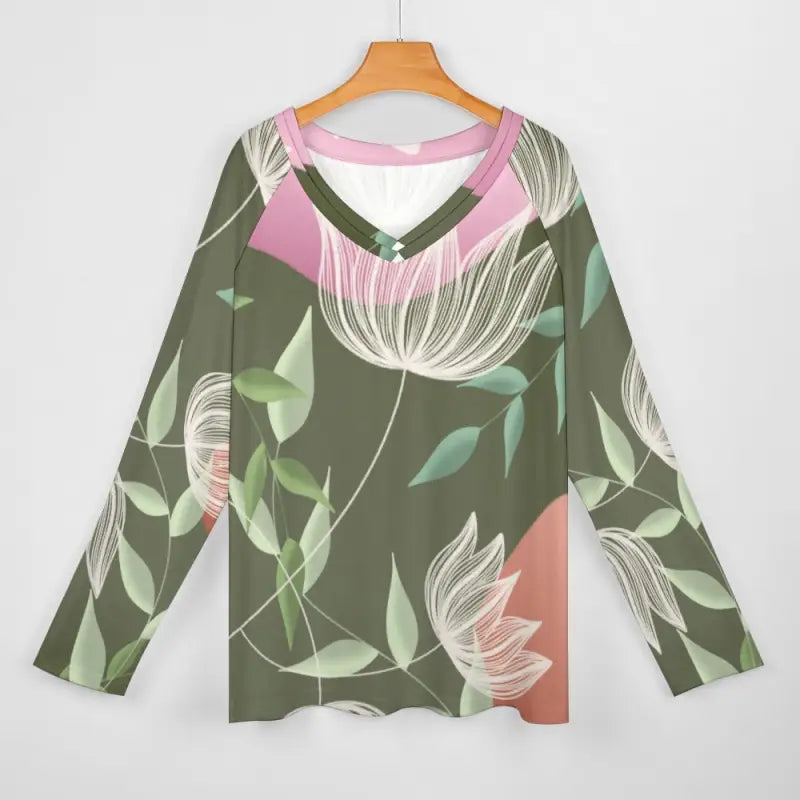 Boho floral long sleeve tee with a cute floral print on olive green background