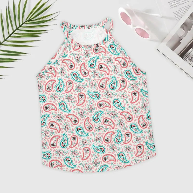 Sleeveless Boho Paisley Halter Tank with vibrant pink and turquoise paisley print