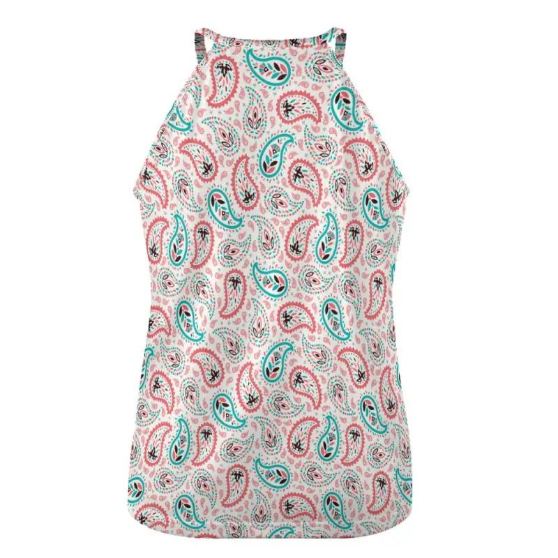 Sleeveless Boho Paisley Halter Tank in pink and turquoise vibrant paisley print