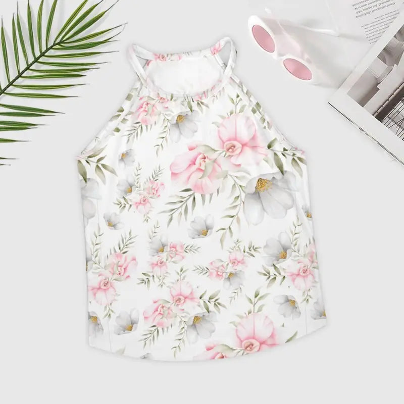 Floral-patterned sleeveless halter neckline top perfect for a stylish crew neck tank
