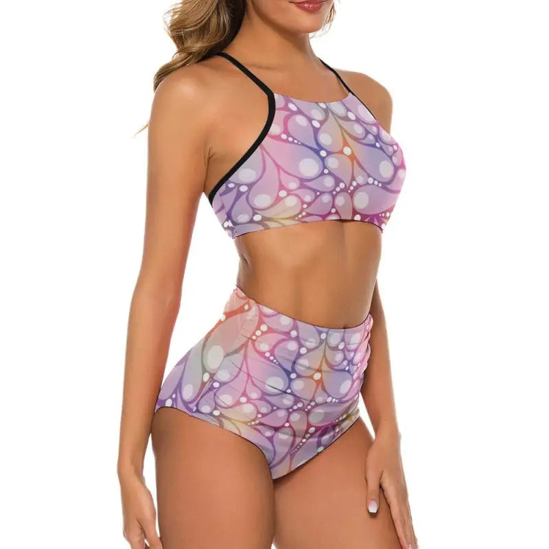 Colorful paisley two piece bikini featuring a fun pastel bubble marble pattern